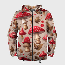 Ветровка с капюшоном мужская Грибные шляпки мухоморов, цвет: 3D-черный