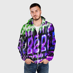 Ветровка с капюшоном мужская Фиолетово-зелёная абстракция на чёрном фоне, цвет: 3D-белый — фото 2