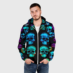 Ветровка с капюшоном мужская Neon skulls - ai art pattern, цвет: 3D-белый — фото 2