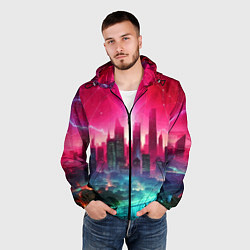 Ветровка с капюшоном мужская Неоновая гроза в мегаполисе - удар молнии, цвет: 3D-черный — фото 2