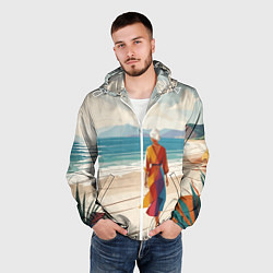 Ветровка с капюшоном мужская Летний пейзаж с женщиной на пляже, цвет: 3D-белый — фото 2
