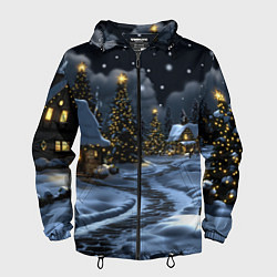 Ветровка с капюшоном мужская Ночной новогодний город, цвет: 3D-черный