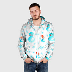 Ветровка с капюшоном мужская Зимний новогодний узор со снеговиками и снежинками, цвет: 3D-белый — фото 2