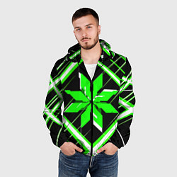 Ветровка с капюшоном мужская Зелёно-белая звезда и полосы на чёрном фоне, цвет: 3D-черный — фото 2