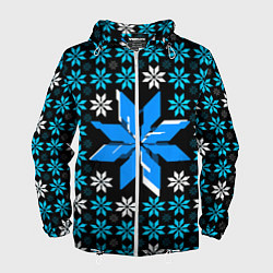 Ветровка с капюшоном мужская Сине-белые звёзды на чёрном фоне, цвет: 3D-белый