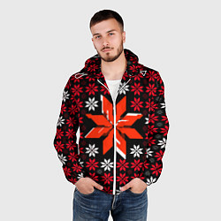 Ветровка с капюшоном мужская Красно-белые звёзды на чёрном фоне, цвет: 3D-белый — фото 2