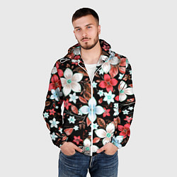Ветровка с капюшоном мужская Красно-белые цветы на чёрном фоне, цвет: 3D-белый — фото 2