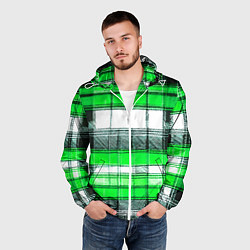 Ветровка с капюшоном мужская Чёрные полосы на зелёном-белом фоне, цвет: 3D-белый — фото 2
