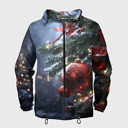 Ветровка с капюшоном мужская Красные новогодние шары с узорами, цвет: 3D-черный