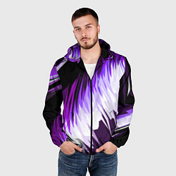 Ветровка с капюшоном мужская Бело-фиолетовые острые полосы на чёрном фоне, цвет: 3D-черный — фото 2