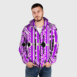 Ветровка с капюшоном мужская Бело-фиолетовые техно полосы на чёрном фоне, цвет: 3D-черный — фото 2