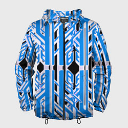Ветровка с капюшоном мужская Бело-синие техно полосы на чёрном фоне, цвет: 3D-черный