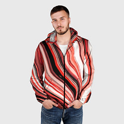 Ветровка с капюшоном мужская Волнистые вертикальные чёрно-красные полосы, цвет: 3D-черный — фото 2