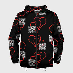 Ветровка с капюшоном мужская Сердца и код любви на черном, цвет: 3D-черный