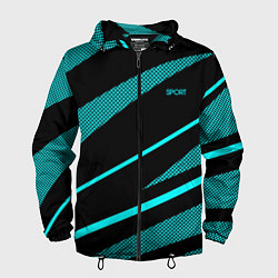 Ветровка с капюшоном мужская Sport чёрный и неоновый голубой абстракция с полос, цвет: 3D-черный