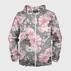 Ветровка с капюшоном мужская Розовые розы на сером, цвет: 3D-белый