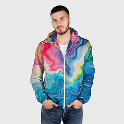 Ветровка с капюшоном мужская Абстрактные волны в мраморном стиле, цвет: 3D-белый — фото 2