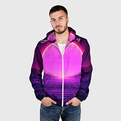 Ветровка с капюшоном мужская Синтвейв ретровейв неоновый узор и солнце, цвет: 3D-белый — фото 2
