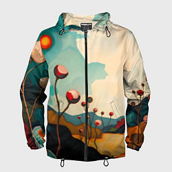Ветровка с капюшоном мужская Сюрреалистичный пейзаж с цветами, цвет: 3D-черный