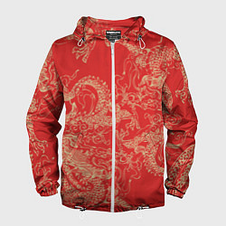 Ветровка с капюшоном мужская Золотые драконы на красном, цвет: 3D-белый