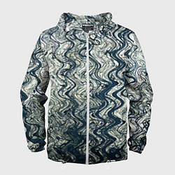 Ветровка с капюшоном мужская Бело-синий искажённые абстрактные линии, цвет: 3D-белый