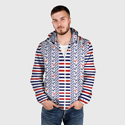 Ветровка с капюшоном мужская Полосатый морской орнамент с якорями, цвет: 3D-белый — фото 2