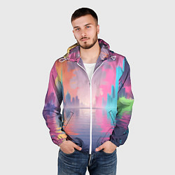 Ветровка с капюшоном мужская Город в розовом тумане, цвет: 3D-белый — фото 2