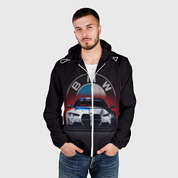 Ветровка с капюшоном мужская BMW на красном фоне, цвет: 3D-белый — фото 2