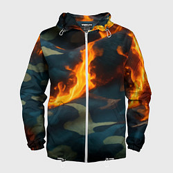 Ветровка с капюшоном мужская Огонь на камуфляжной ткани, цвет: 3D-белый