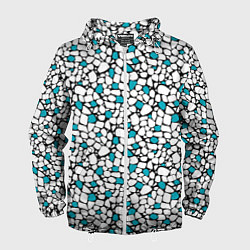 Ветровка с капюшоном мужская Мелкий синий белый мозаичный узор на черном, цвет: 3D-белый