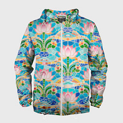 Ветровка с капюшоном мужская Белый лотос декоративный и волны, цвет: 3D-белый