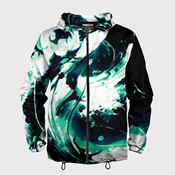Ветровка с капюшоном мужская Чёрно-зелёный абстракция волна, цвет: 3D-черный