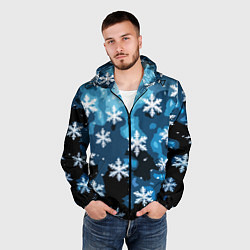 Ветровка с капюшоном мужская Стилизованный паттерн со снежинками тёмно-синий, цвет: 3D-черный — фото 2