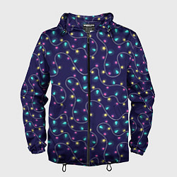 Ветровка с капюшоном мужская Новогодние гирлянды, цвет: 3D-черный