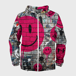 Ветровка с капюшоном мужская Розовые смайлы граффити, цвет: 3D-белый
