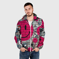 Ветровка с капюшоном мужская Розовые смайлы граффити, цвет: 3D-белый — фото 2