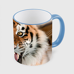 Кружка 3D Свирепый тигр, цвет: 3D-небесно-голубой кант