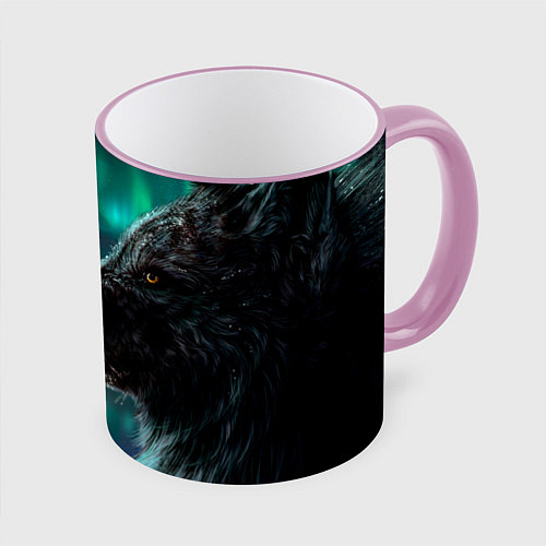 Кружка цветная Волк: северное сияние / 3D-Розовый кант – фото 1