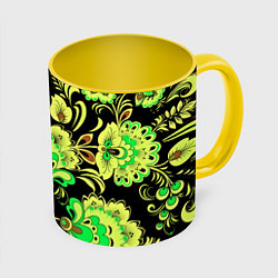 Кружка 3D Хохлома: черный и салатовый, цвет: 3D-белый + желтый