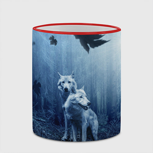 Кружка цветная Волки в тёмном лесу / 3D-Красный кант – фото 2