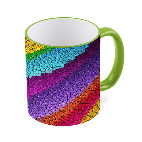 Кружка цветная Яркая мозаика радуга диагональ / 3D-Светло-зеленый кант – фото 1
