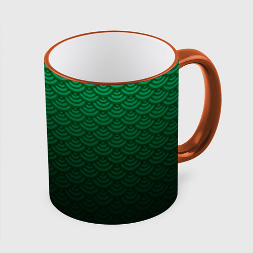 Кружка цветная Узор зеленая чешуя дракон / 3D-Оранжевый кант – фото 1