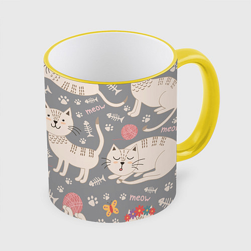 Кружка цветная Милые кошечки / 3D-Желтый кант – фото 1