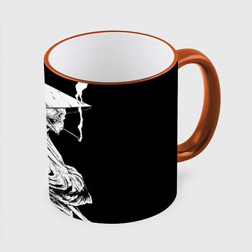 Кружка цветная Самурай скелет с трубкой / 3D-Оранжевый кант – фото 1