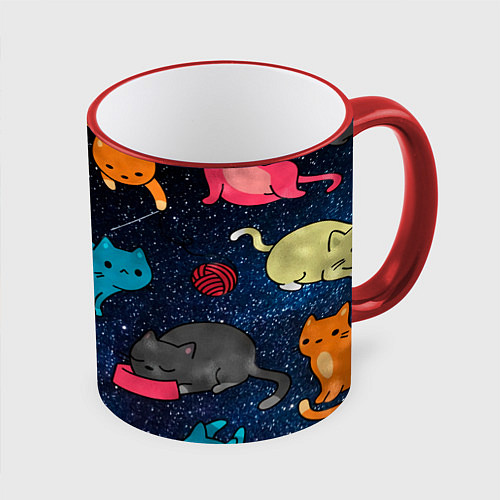 Кружка цветная Космические котики / 3D-Красный кант – фото 1