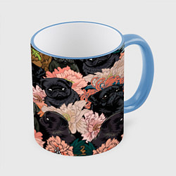 Кружка 3D Мопсы и Цветы, цвет: 3D-небесно-голубой кант