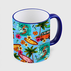 Кружка 3D Пальмы, волны, серфинг, цвет: 3D-синий кант