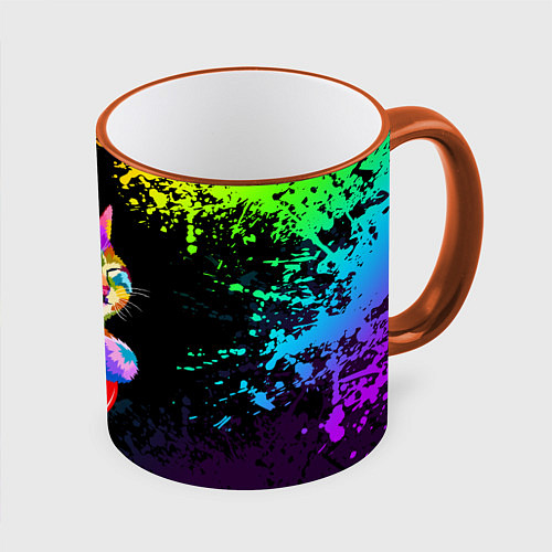 Кружка цветная РАДУЖНЫЙ КОТИК RAINBOW KITTY / 3D-Оранжевый кант – фото 1
