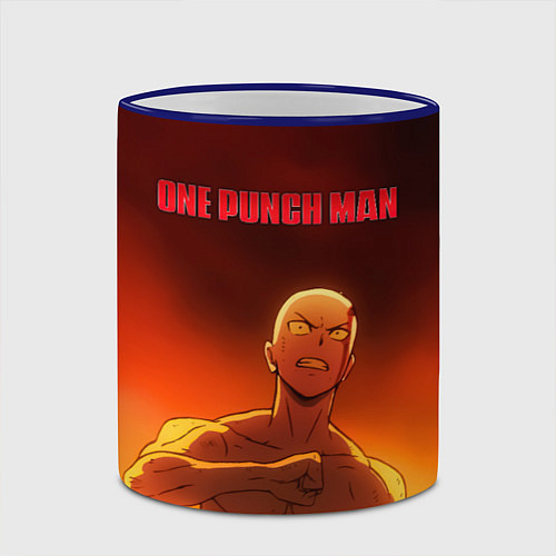 Кружка цветная Сайтама в огне One Punch-Man / 3D-Синий кант – фото 2