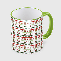 Кружка 3D Узор новогодний Бело-красно-зеленый, цвет: 3D-светло-зеленый кант